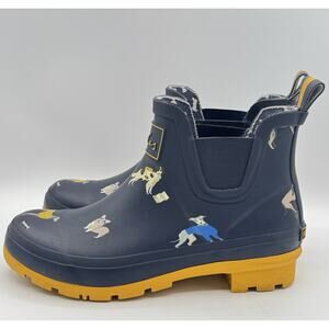 Joules Wellibob Ankle Rain Boots Women's Size 7 38 Blue Yellow Dog Print Rubber